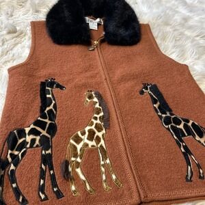 Lisa International 100% Wool Giraffe Animal Print‎ Rust Sweater Vest Fall Layer